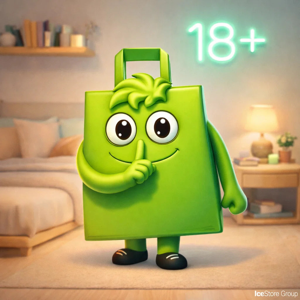 Green cartoon bag character in a living room with a '18+' neon sign.