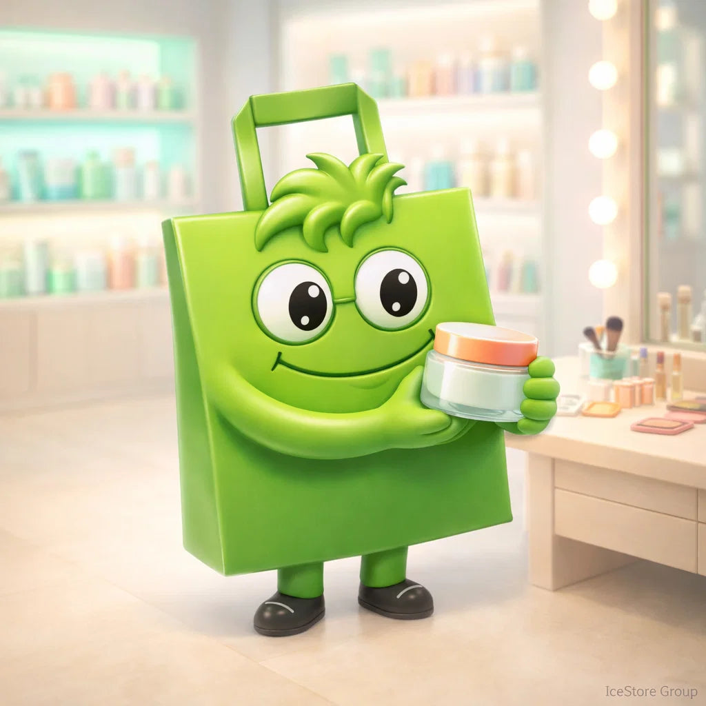Green cartoon character holding a jar of cream in a store setting
