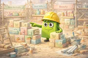 Cartoon character in a hard hat among boxes in a warehouse setting