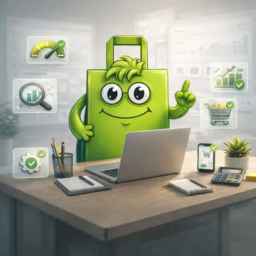 Green cartoon character with a crosshair on a desk with a laptop and office supplies.