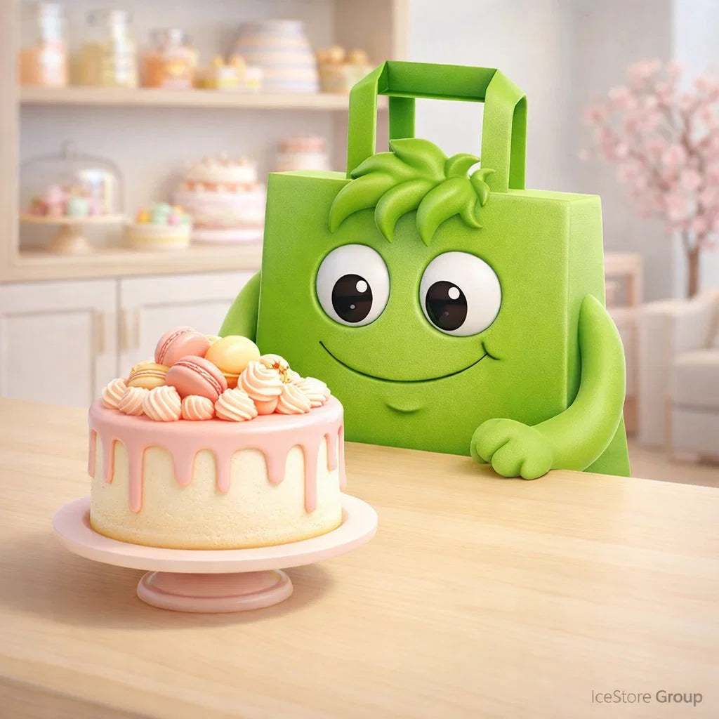 Green character-shaped gift bag with a cake on a table