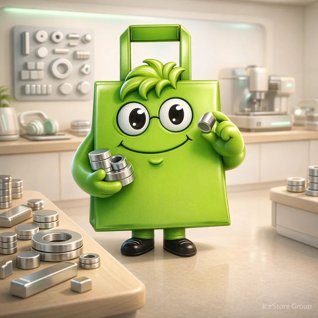 Green bag character with googly eyes and a smile, holding metal washers