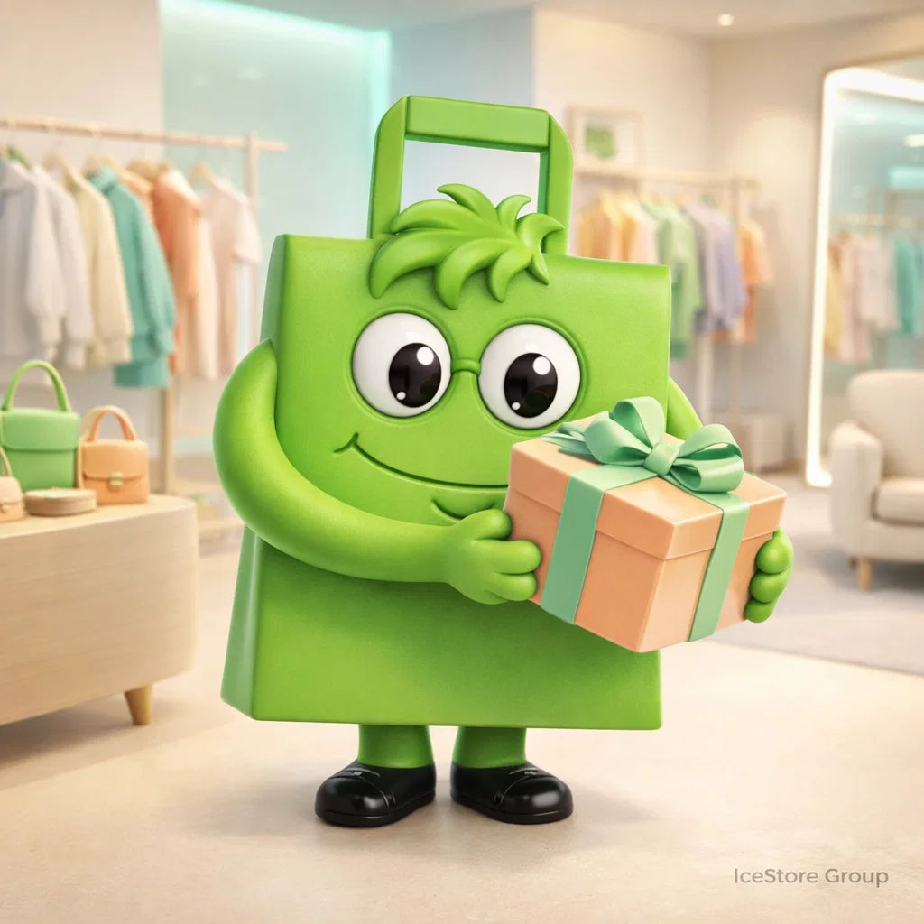 Green cartoon character holding a gift box in a store setting