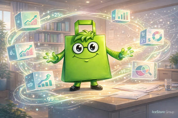 Green cartoon bag character with digital icons in a room setting