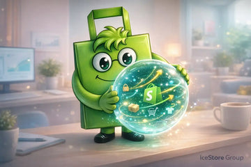 Green cartoon character holding a glowing sphere with a shopping bag icon on a desk.