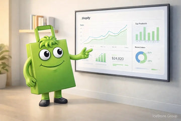 Green cartoon character with a shopping bag for a body, standing next to a screen displaying Shopify analytics.