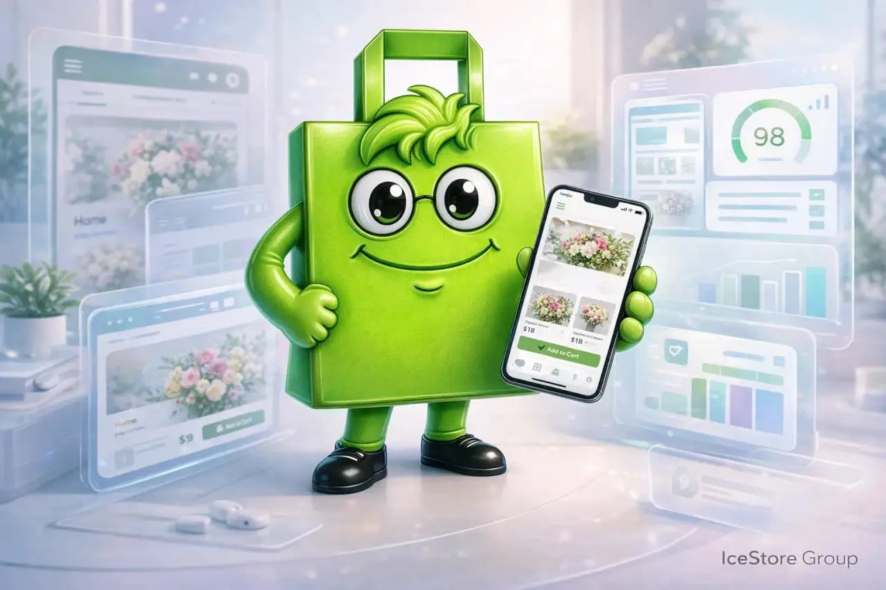 Green cartoon character holding a smartphone with a flower shop app interface, surrounded by computer monitors.