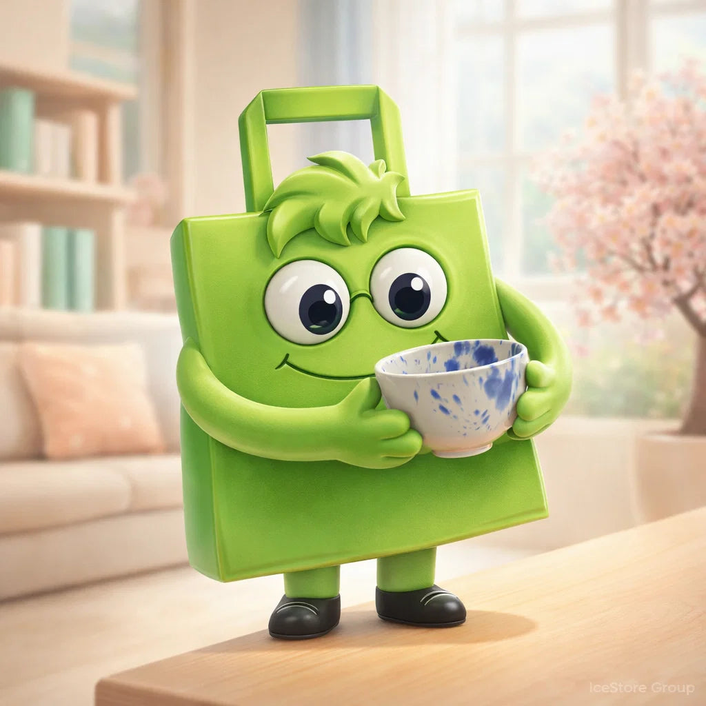 Green cartoon-like bag with a face holding a bowl in a light room