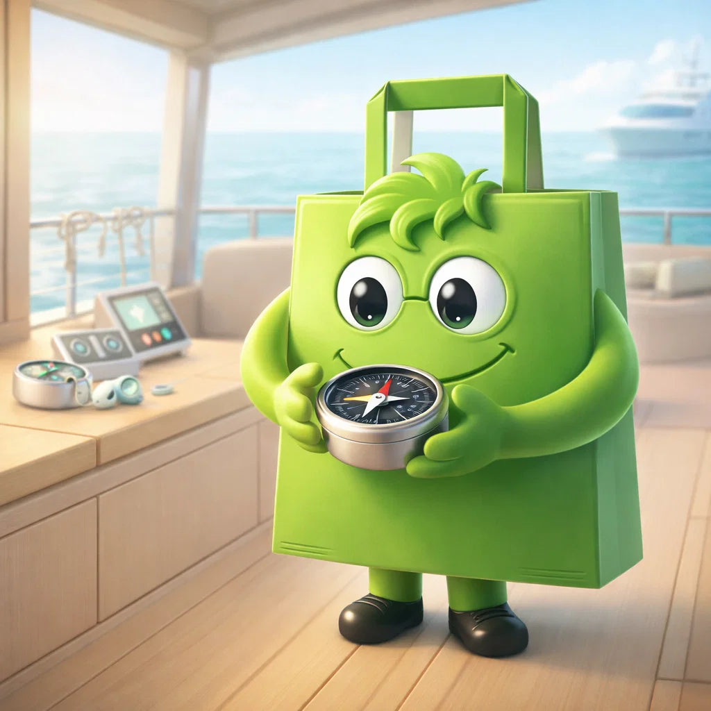 Green cartoon character with a compass in a room with a view of the ocean.