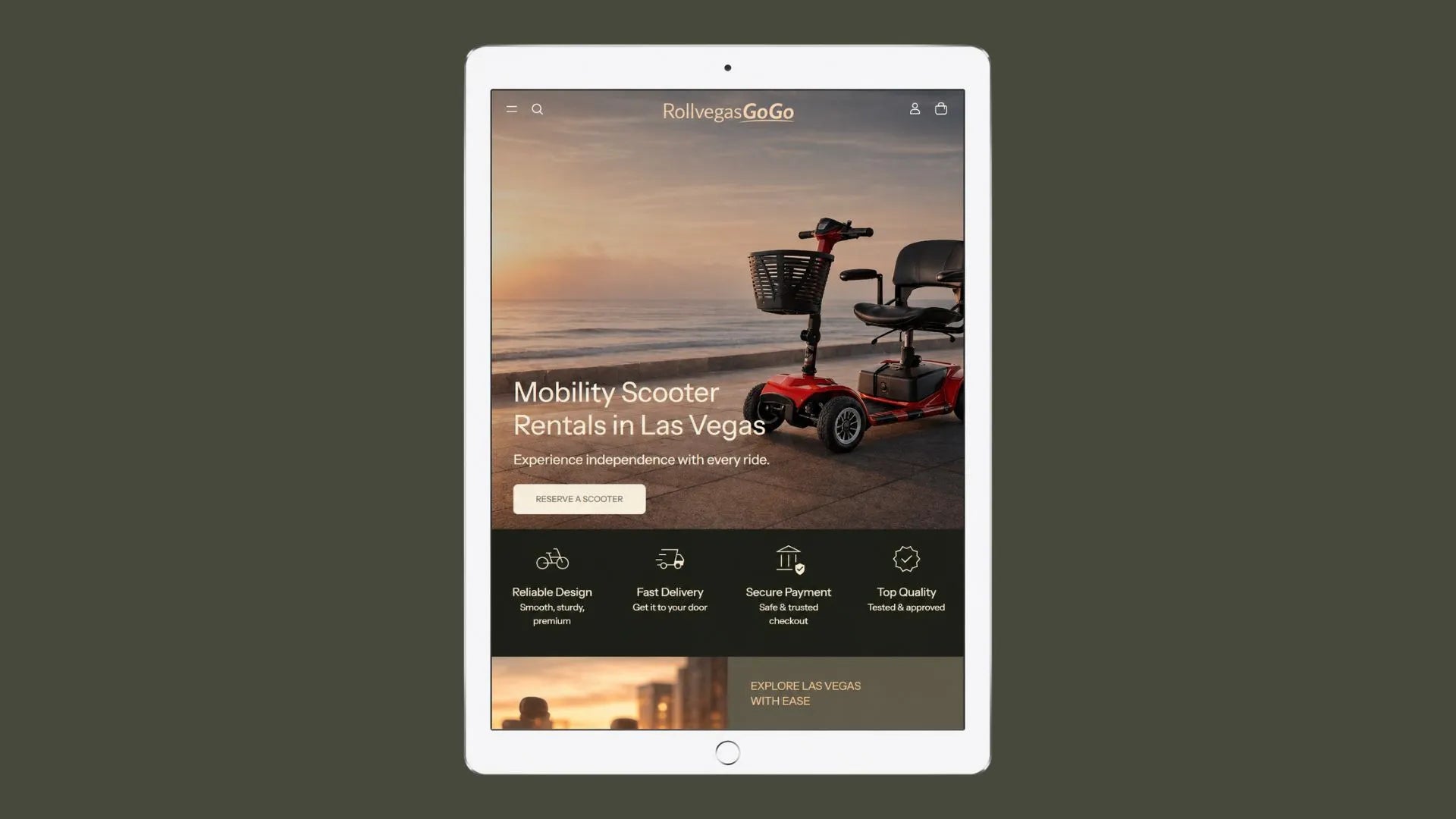 A tablet device centered on a dark olive background, displaying a website screenshot for RollRideGo mobility scooter rentals in Las Vegas.